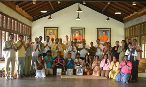Acharya Satyananda, center back road, gave a 2nd initiation at a retreat at the Ramboda Hanuman Temple retreat center in the mountains of Sri Lanka, January 5-7, 2024